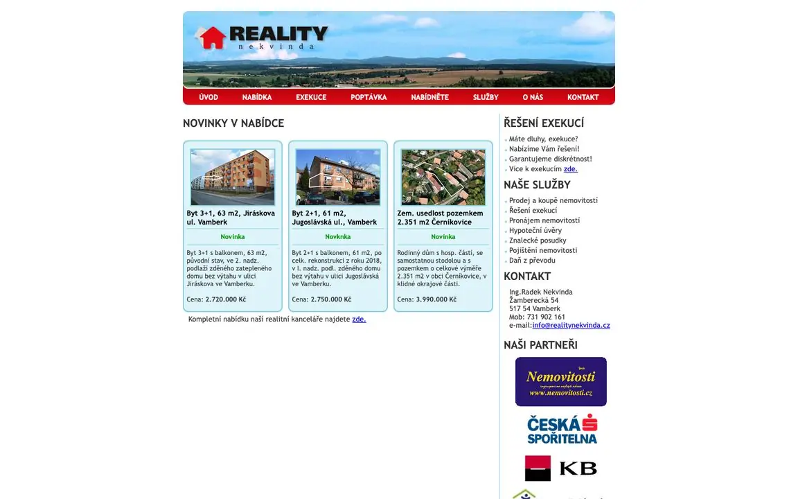 Původní web Reality Nekvinda z roku 2025